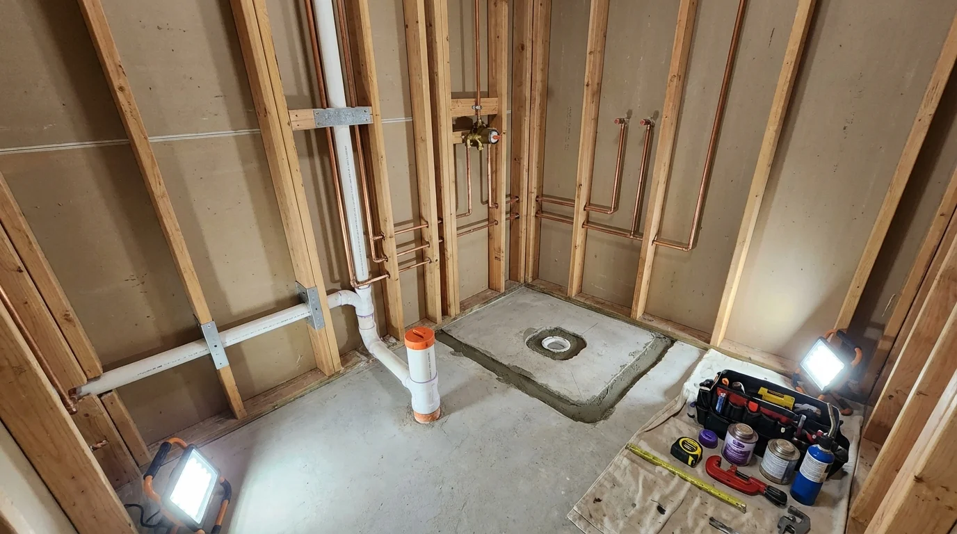 Bathroom rough-in plumbing during remodel by Johns Plumbing LLC in La Pryor