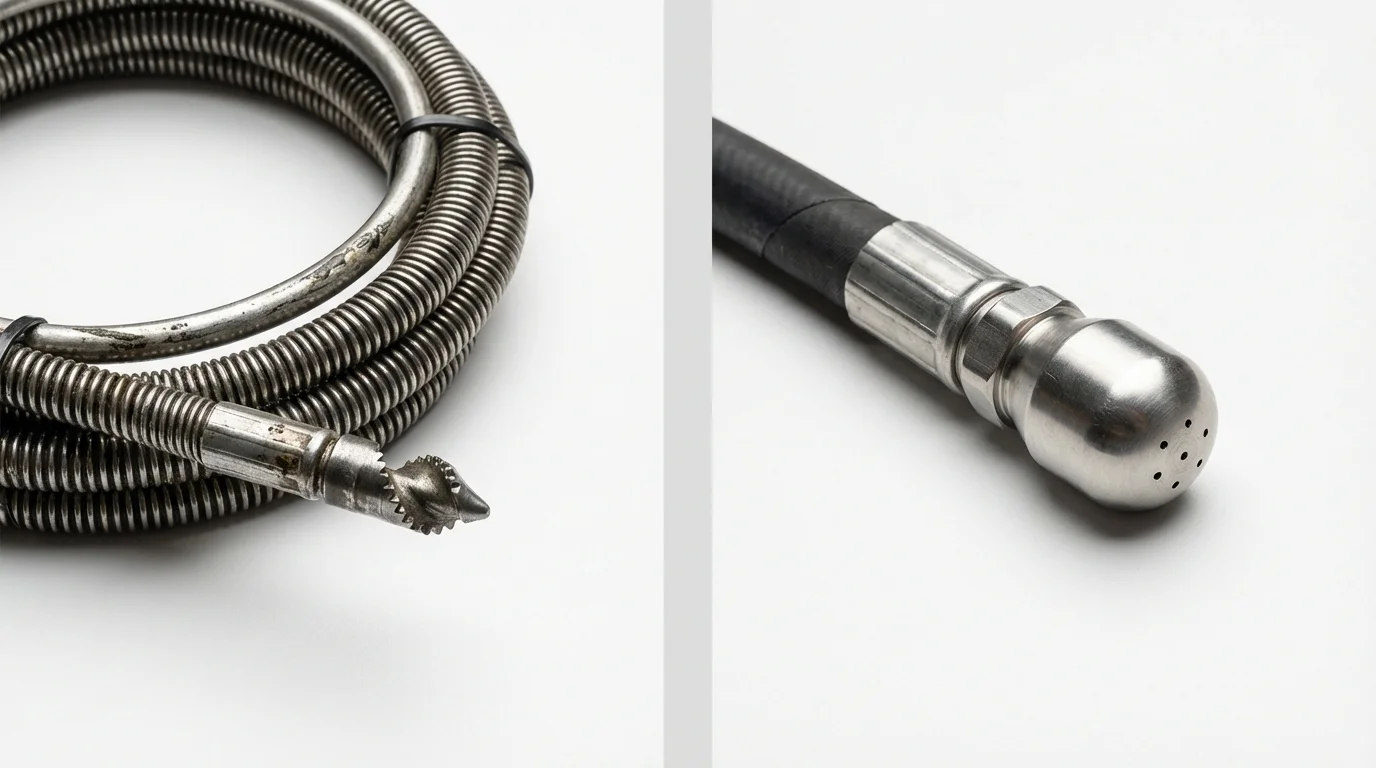 Drain snake cable and hydro jetting nozzle used for drain cleaning in La Pryor, TX