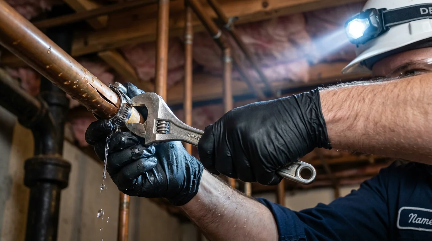 Emergency pipe clamp repair being performed by a Johns Plumbing LLC plumber in La Pryor