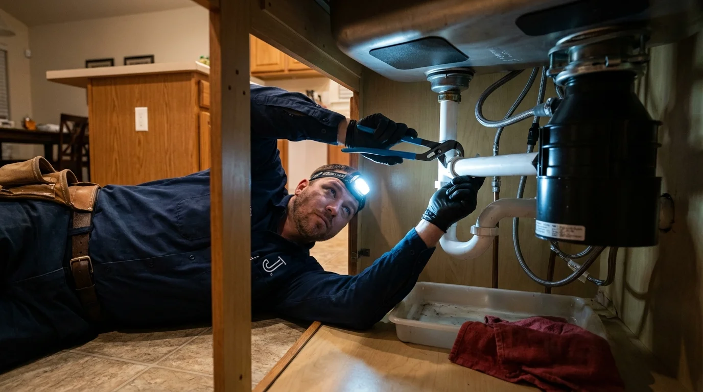 P-trap and supply line connections under a kitchen sink showing a common leak point in La Pryor, TX